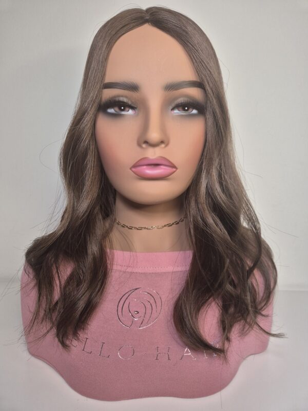 Natalie hair topper 16 inches brunette colour displayed on a mannequin styled in waves.