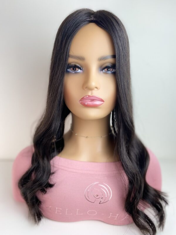 Raven Hair Topper 20 inch length Natural Black all one length silk top hair topper low density displayed on a mannequin