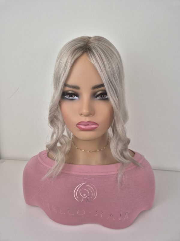 Silver Blonde low density hair topper 14 inches displayed on a mannequin