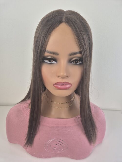 Evelyn lace top hair topper 16 inches in length brunette with fine subtle highlights displayed on a mannequin
