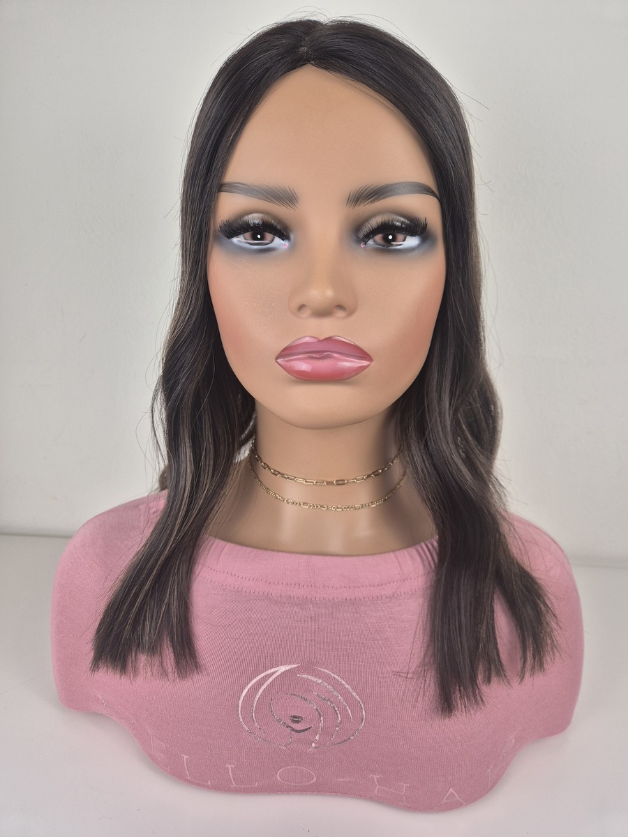Leanne lace topper 16-inch length darkest brown with blonde with highlights displayed on a mannequin