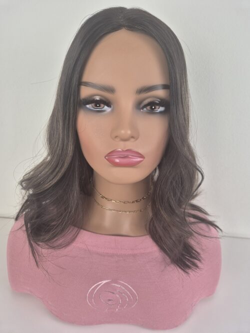Leanne lace topper 16-inch length darkest brown with blond e highlights displayed on a mannequin