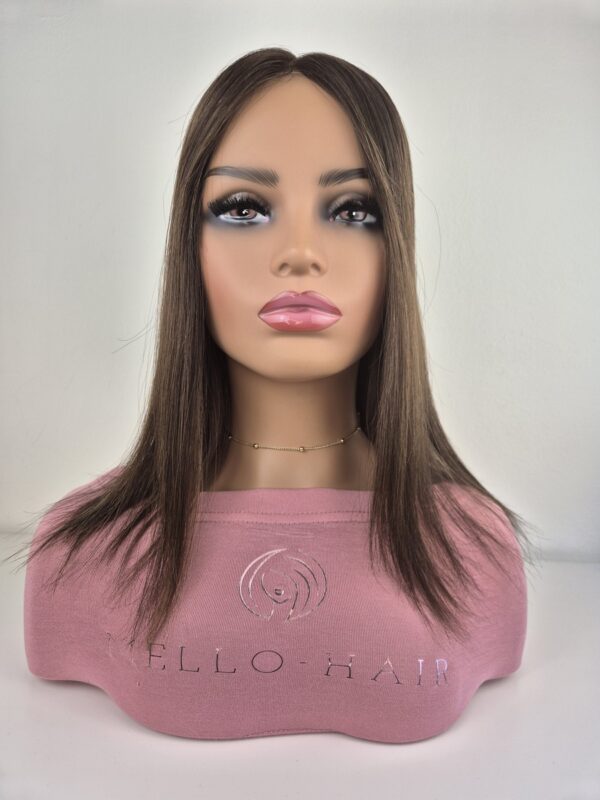 Natasha lace top hair topper 16 inches in length brunette with fine subtle highlights displayed on a mannequin