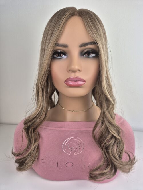 Olivia Hair Topper in dimensional blonde 18 inches in length with displayed on a mannequin