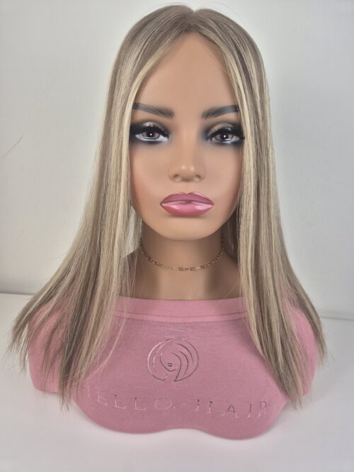 Savannah Hair Topper lace topper 18 inches long medium blonde with dimensions displayed on a mannequin