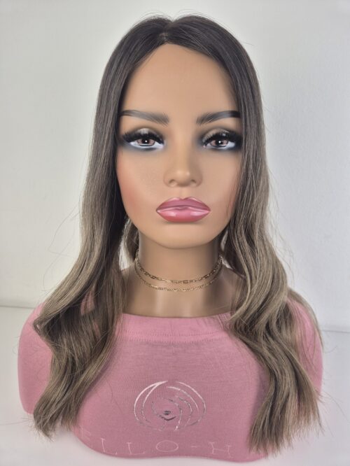 Lydia Lace Topper 18 inches in length stretch darker root with blonde ends. displayed on a mannequin