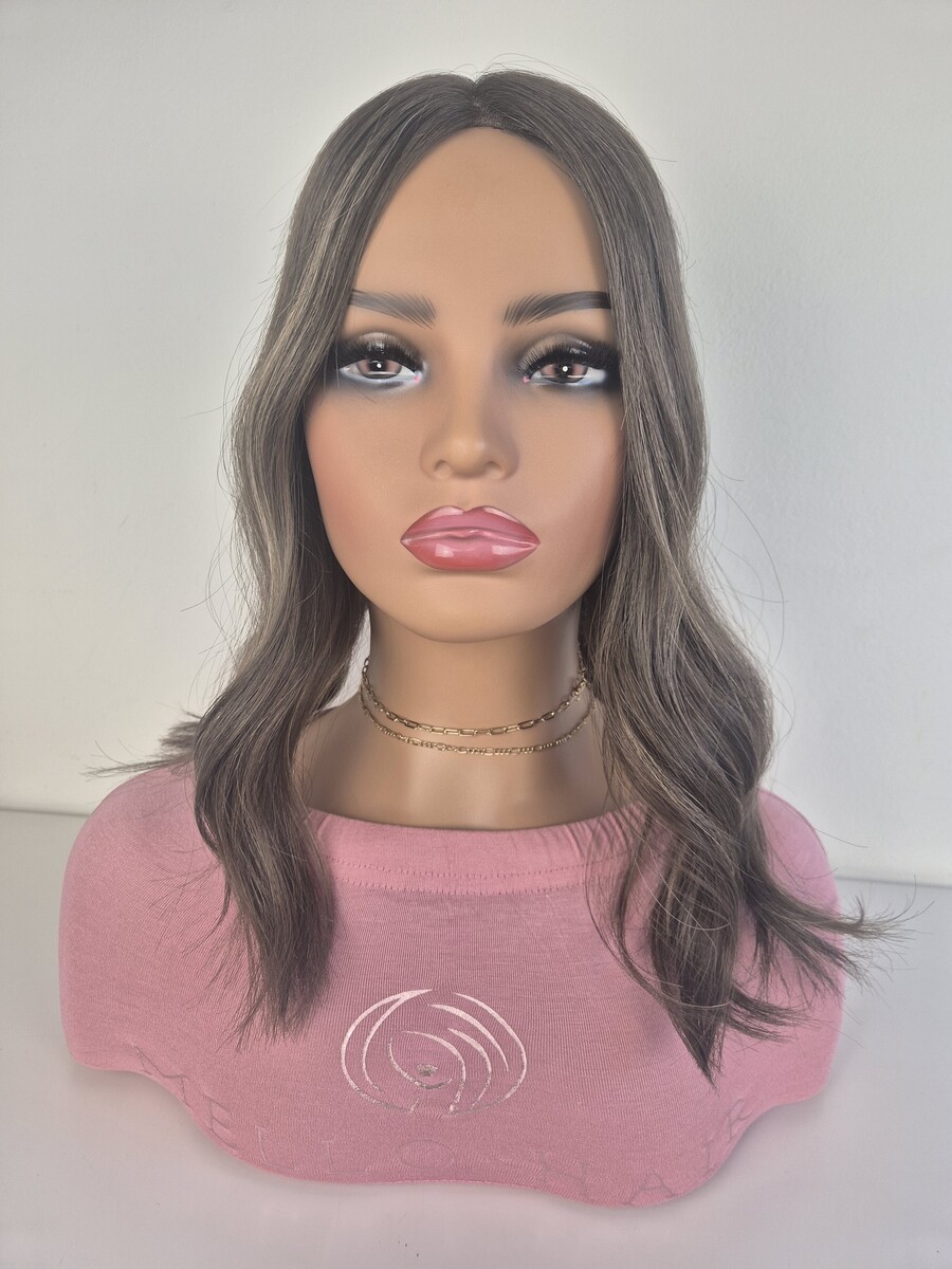 Vivienne Lace Topper 16 inches in length ashy brunette with blonde highlights displayed on a mannequin