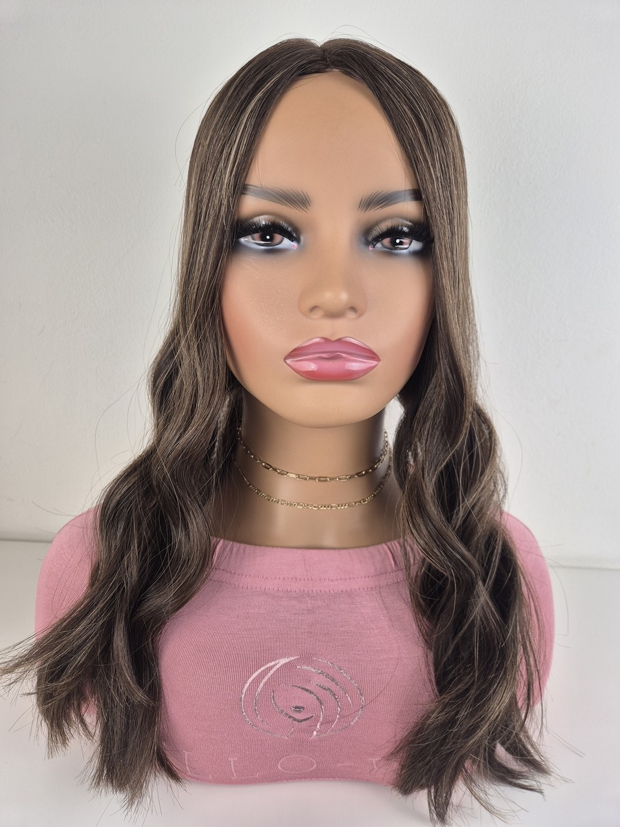 Melanie lace topper 16 inches medium brown with blonde highlights displayed on a mannequin