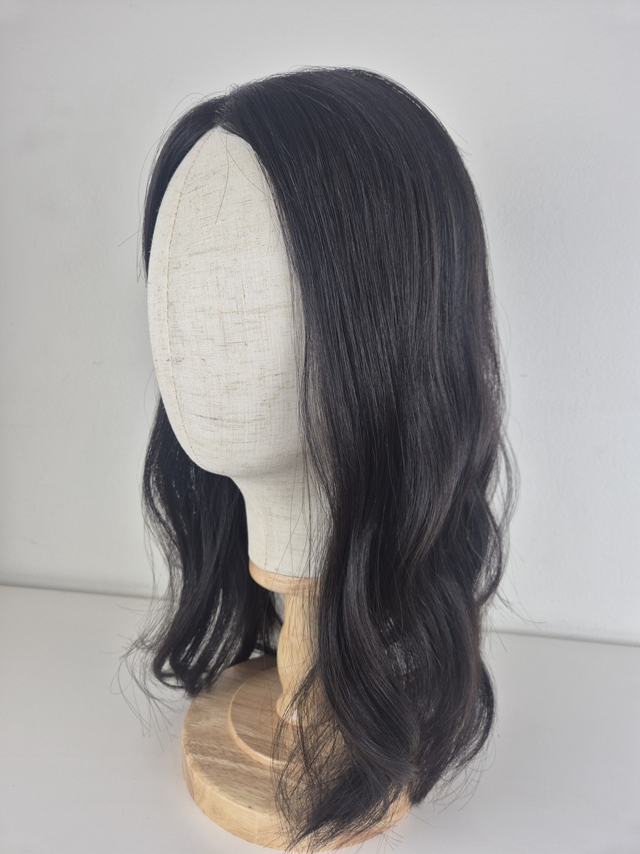 Rhea Lace Topper 18 inches darkest brown Displayed on a mannequin