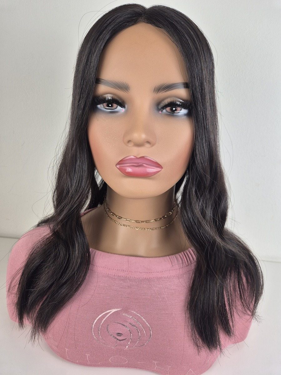 Rhea Lace Topper 18 inches darkest brown Displayed on a mannequin