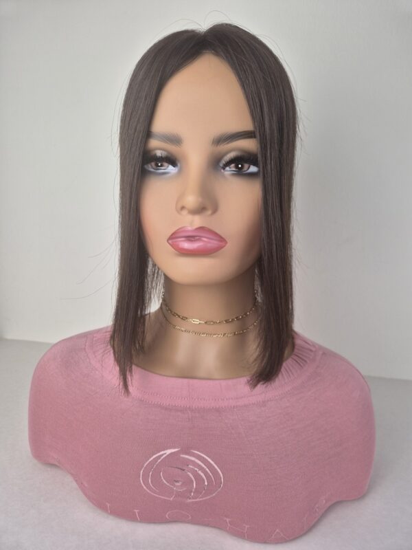 Tiny Topper Klara low-density hair topper 12-inch length in darkest brown Displayed on a mannequin