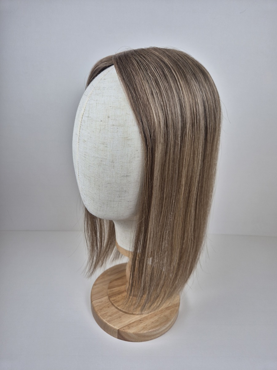 Zara Tiny Topper 14 inch cool toned light ash brown styled straight displayed on a mannequin