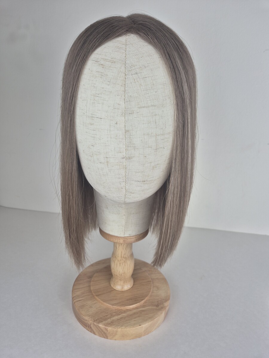 Hazel Lace Topper 14 inch bob light brown with blonde dimensions displayed on a mannequin head