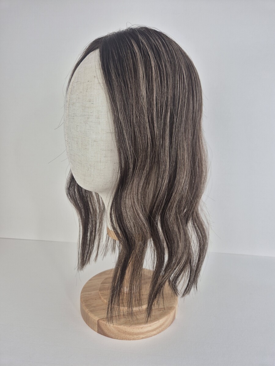 Tiny Topper Mable low-density hair topper 14 inch length dark brown with highlights displayed on a mannequin