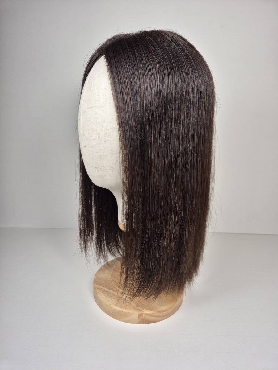 Cara Ribbon Silk topper 16 inches in length dark chocolate brown styled straight displayed on a Mannequin
