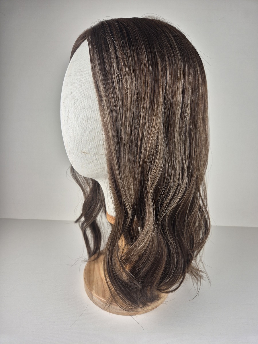 Carmel lace topper 18 inches dark brown with ash blonde highlights displayed on a mannequin