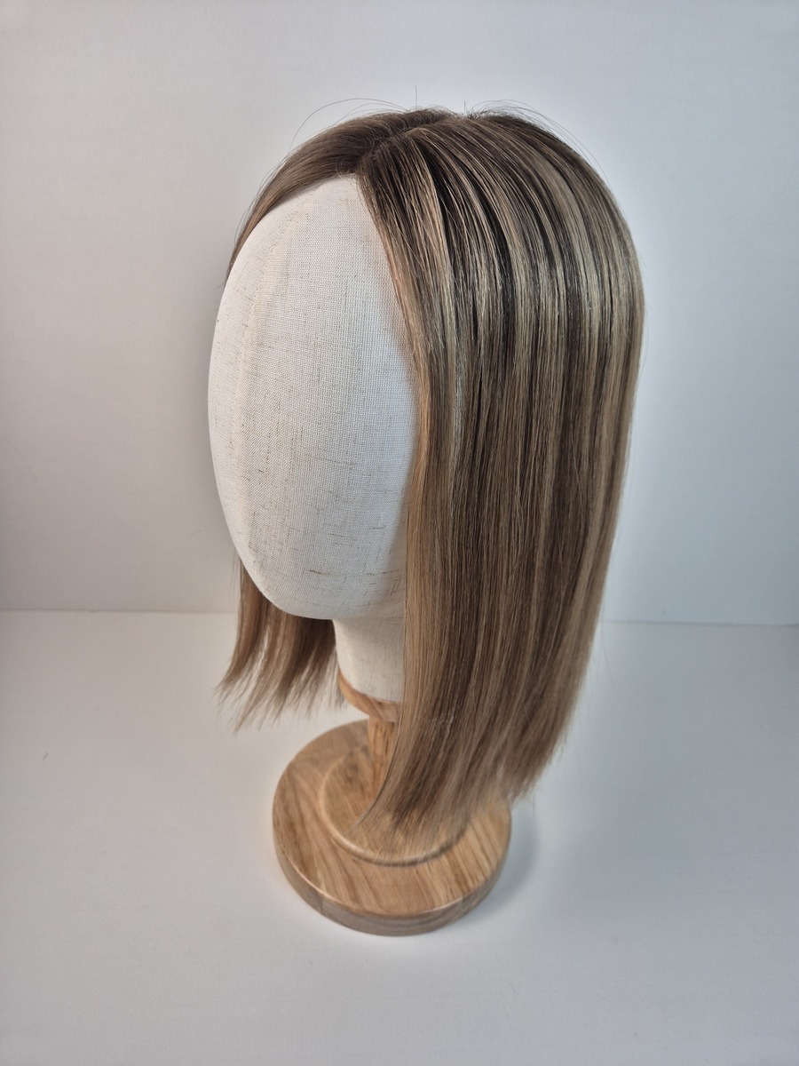 Hayley Lace Topper cool-to-neutral brunette with soft beige and ash-blonde highlights throughout 14 inch styled straight displayed on a mannequin