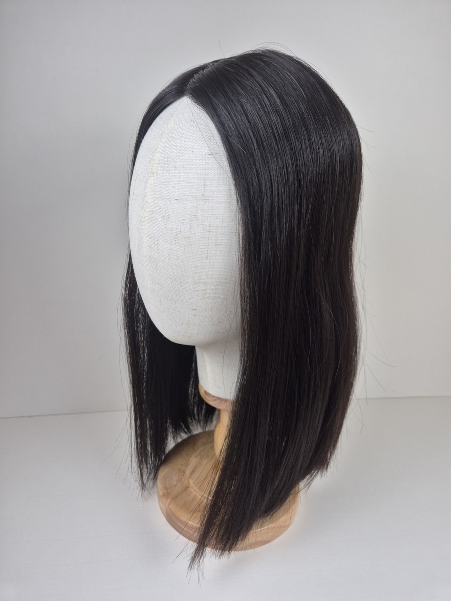 Rhea Ribbon Silk topper 18 inches in length darkest brown styled straight displayed on a Mannequin