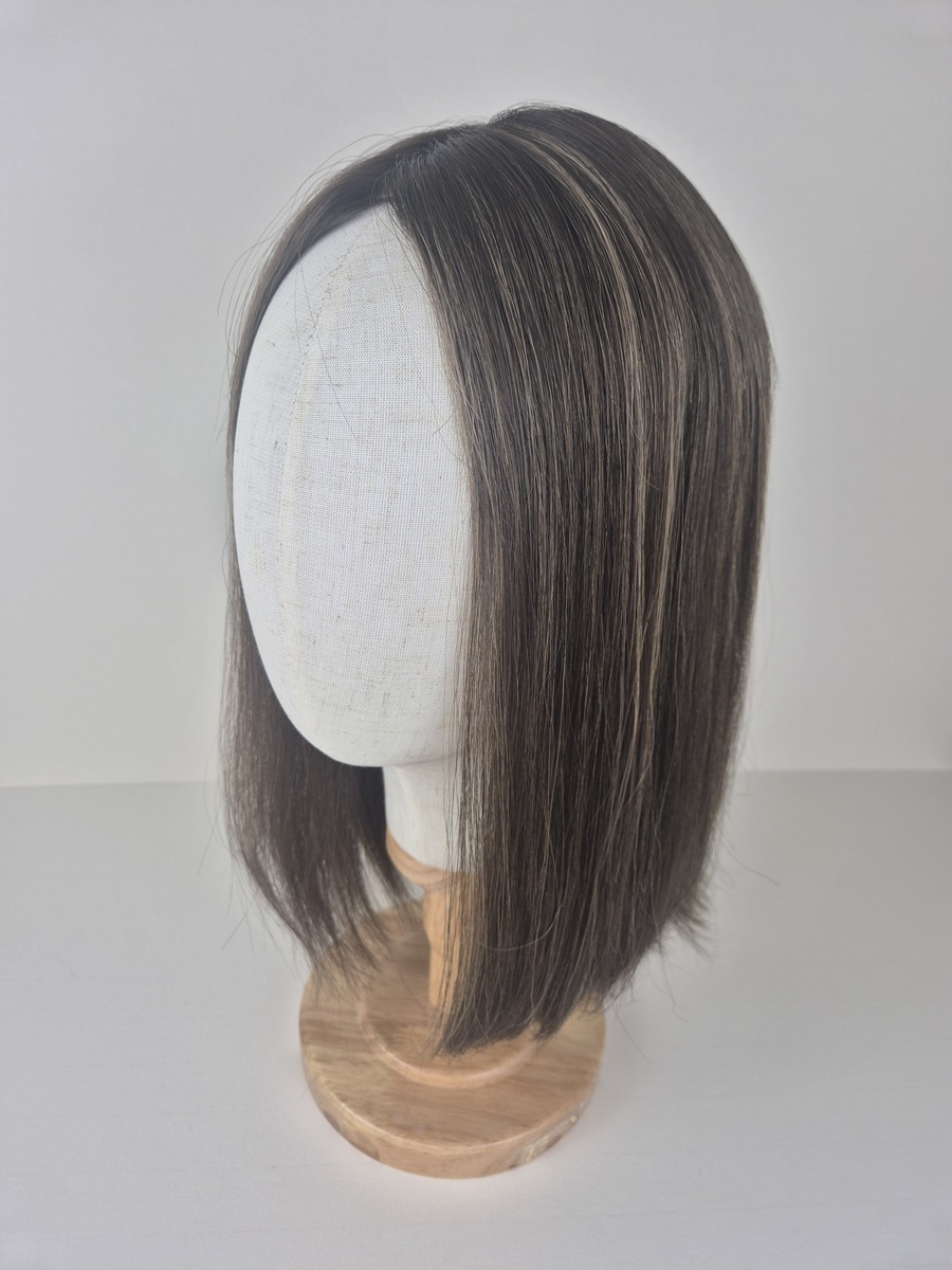 Vivian Ribbon Silk topper 16 inches in length ash brown with ash beige highlights styled straight displayed on a Mannequin