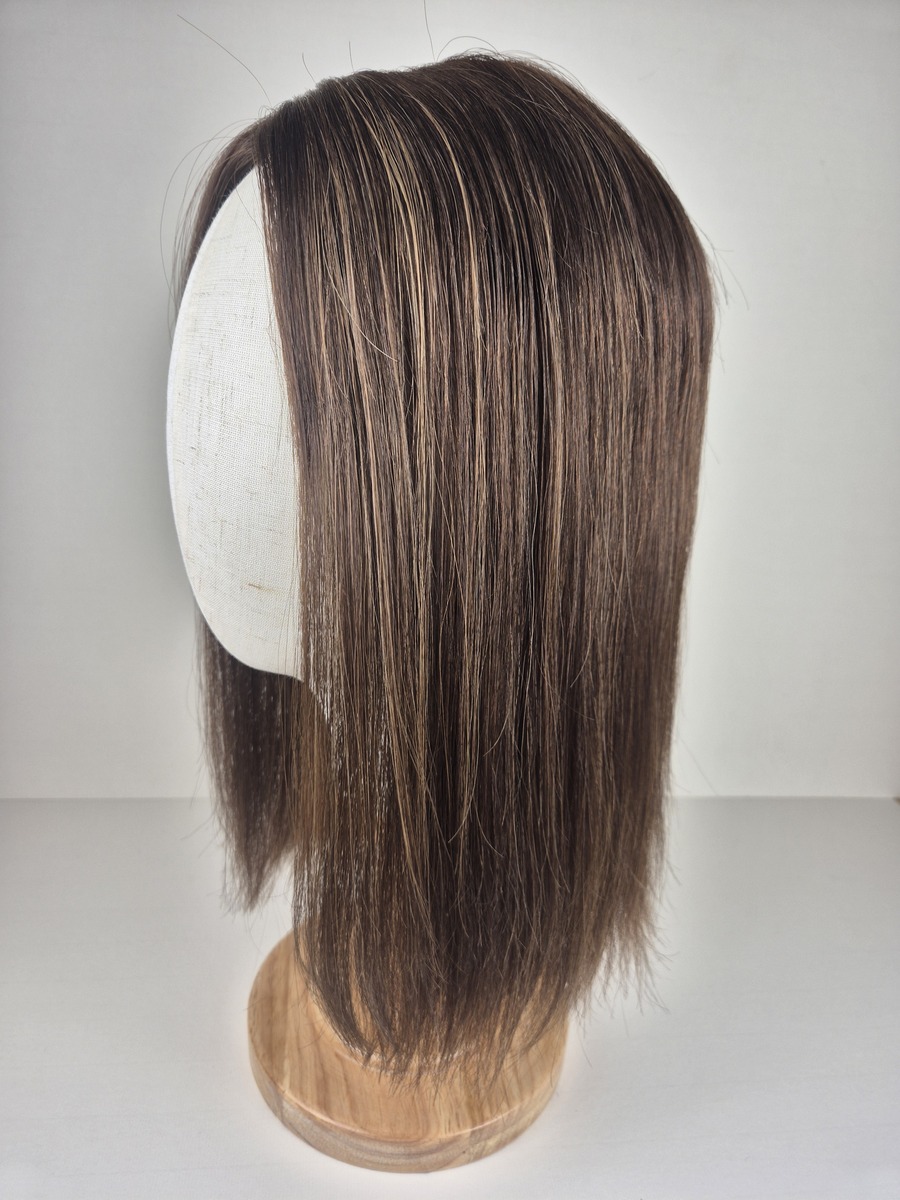 Evelyn Ribbon Topper 16 inches medium brown with subtle cool highlights styles straight displayed on a mannequin