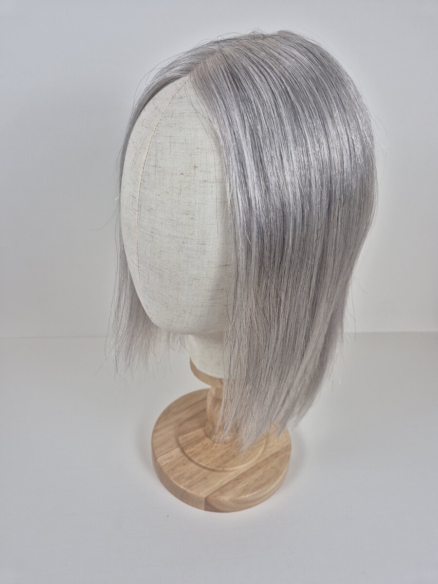 Jasmine Lace Topper14" Silver Grey with Soft Pearl Tones styles straight displayed on a mannequin