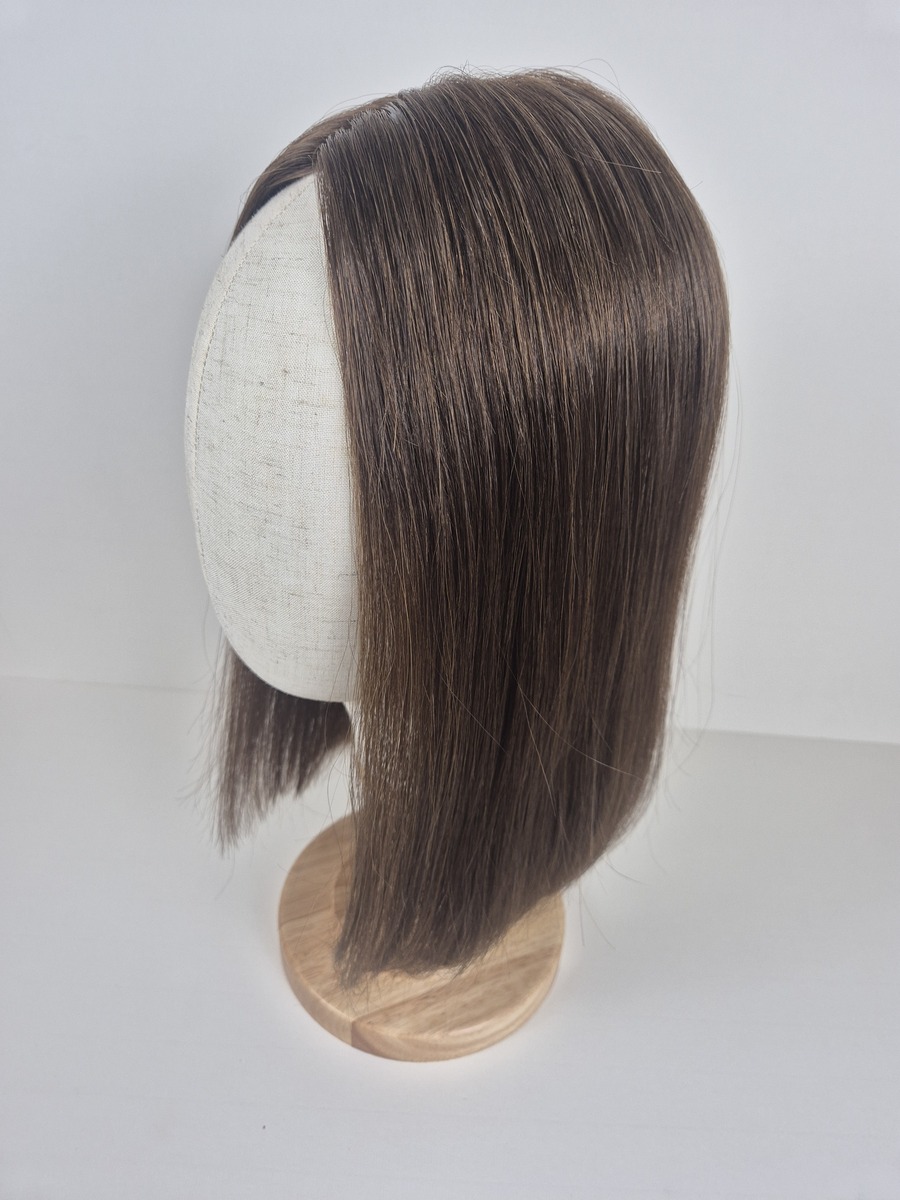 Lilly ribbon silk topper 14 inch Medium Chestnut Brown with Warm Caramel Tones styled straight displayed on a mannequin