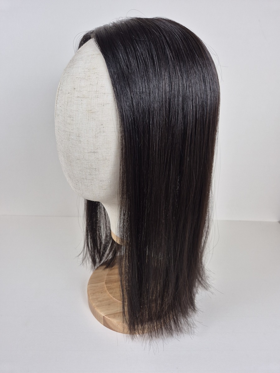 Rhea little lace topper 14" natural Dark Chocolate Brown styled straight displayed on a mannequin
