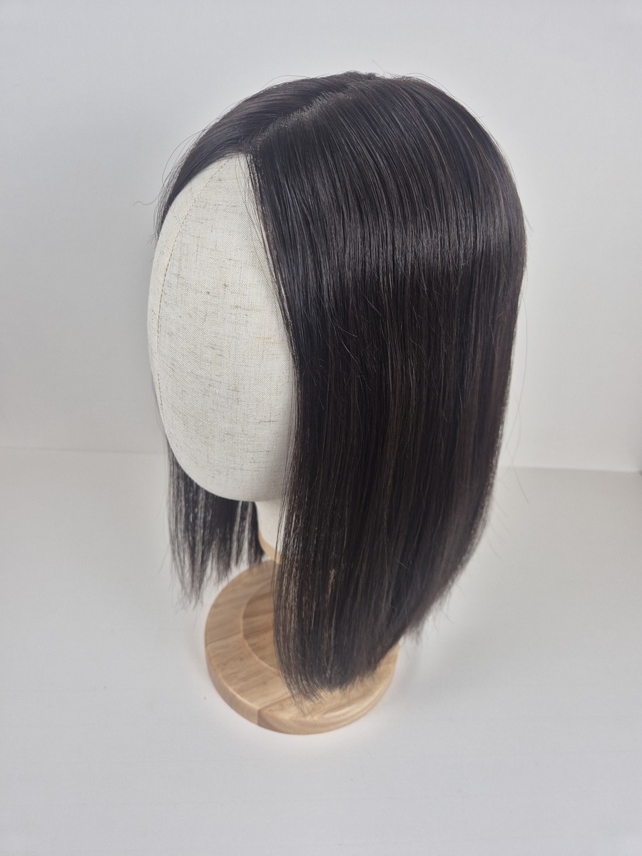 Sienna ribbon silk topper 14 inch Deep Espresso Brown with Cool Tones styled straight displayed on a mannequin