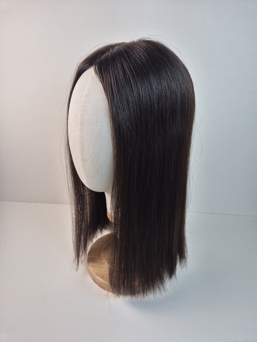 Cara Lace Topper espresso brown deep brunette 16 inches styled in straight and displayed on a mannequin