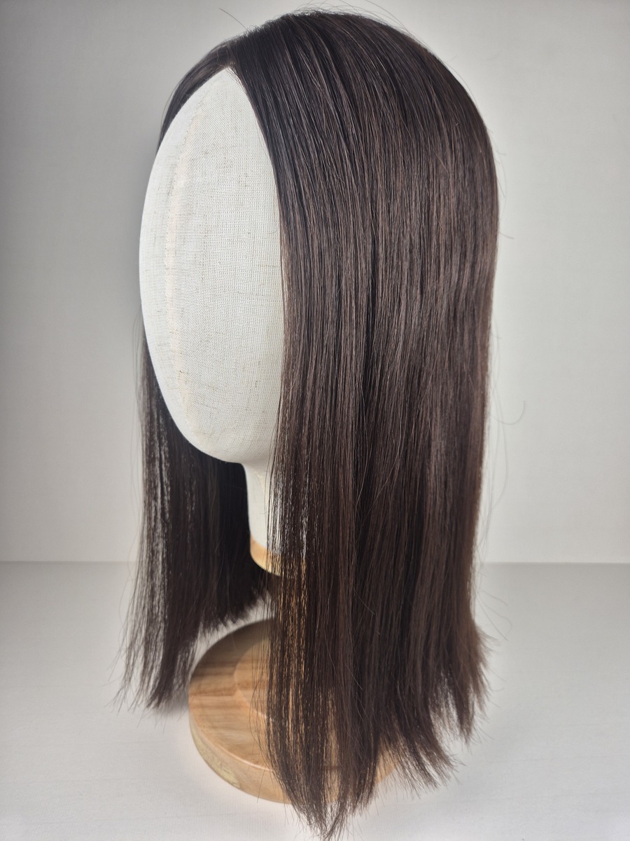 Cara Lace Topper espresso brown deep brunette 16 inches styled in straight and displayed on a mannequin