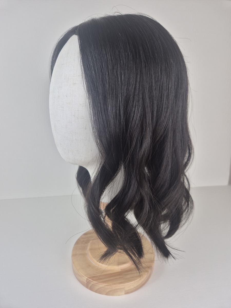 Rhea lace topper 16 inch length darkest brown displayed waved on a mannequin