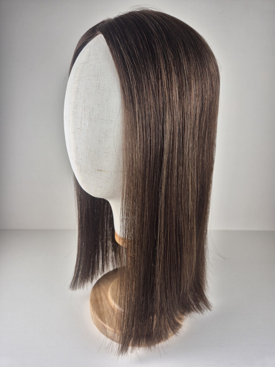 Evelyn Little Lace topper 16 inches medium chocolate brown with subtle cool blonde highlights styled straight displayed on a mannequin