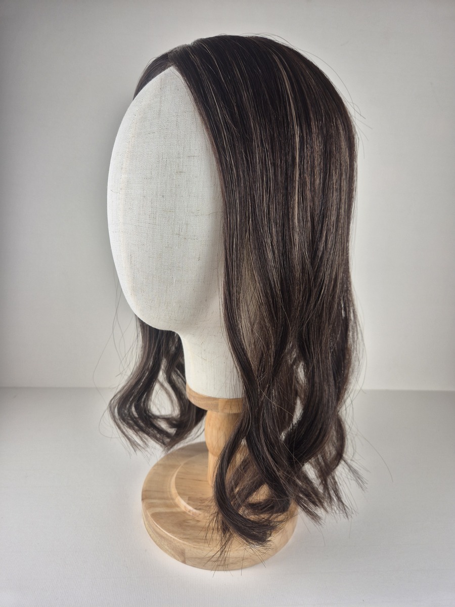 Nadine Little Lace topper 16 inches medium chestnut brown with subtle cool blonde highlights styled straight displayed on a mannequin
